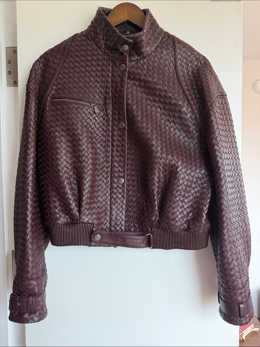 Vintage Bottega Woven Genuine Leather Burgundy Bomber Jacket - Deep Brown